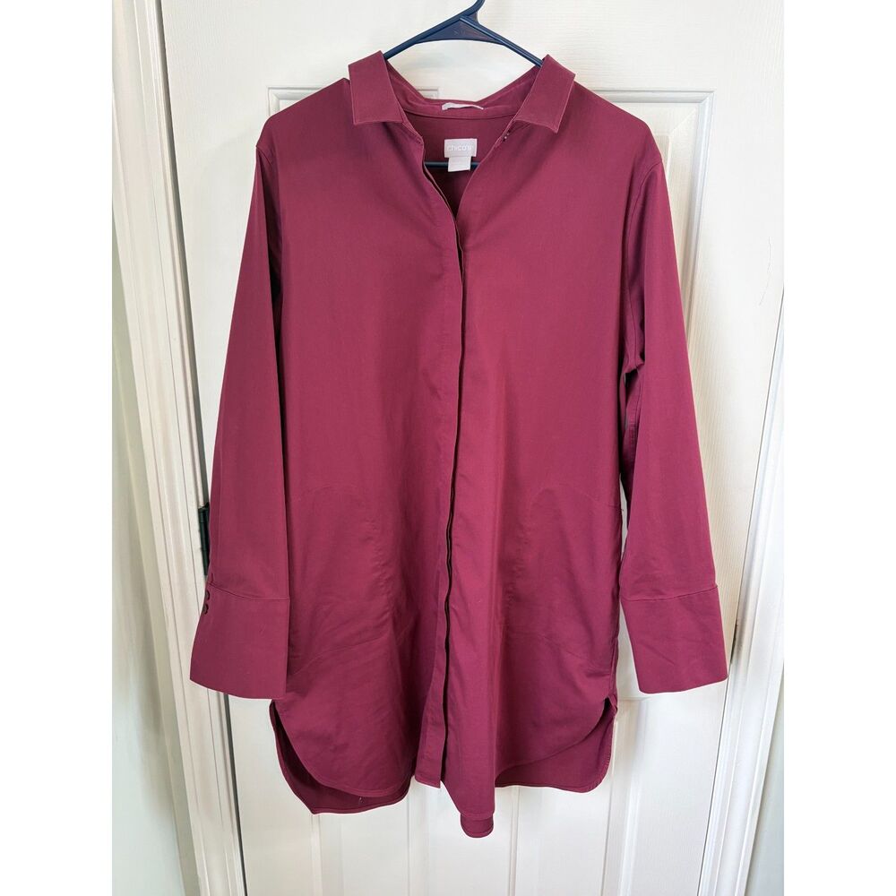Chico's Burgundy No Iron Chic Stretch Cotton Blend Button Tunic Blouse 2 Large